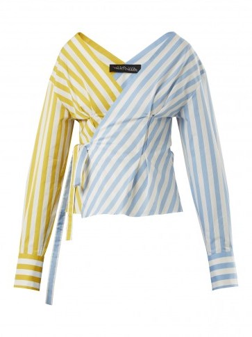 ANNA OCTOBER Blue and Yellow Contrast-striped cotton wrap top - flipped
