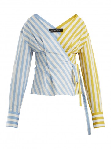 ANNA OCTOBER Blue and Yellow Contrast-striped cotton wrap top