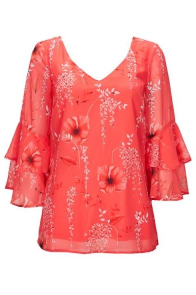 Wallis Coral Floral Print Blouse / ruffle sleeve blouses - flipped