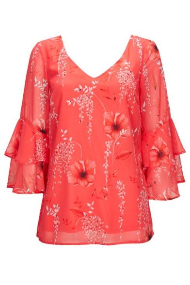 Wallis Coral Floral Print Blouse / ruffle sleeve blouses