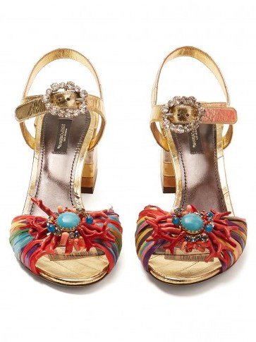 DOLCE & GABBANA Coral-embellished striped sandals ~ beautiful Italian shoes - flipped