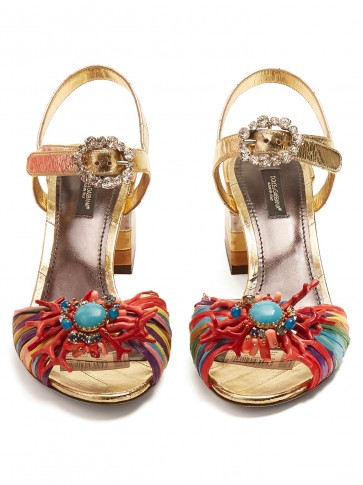 DOLCE & GABBANA Coral-embellished striped sandals ~ beautiful Italian shoes