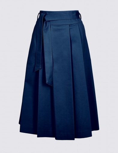 M&S COLLECTION Cotton Rich Belted Full Midi Skirt / navy blue pleated skirts - flipped