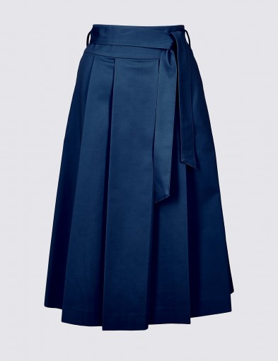 M&S COLLECTION Cotton Rich Belted Full Midi Skirt / navy blue pleated skirts