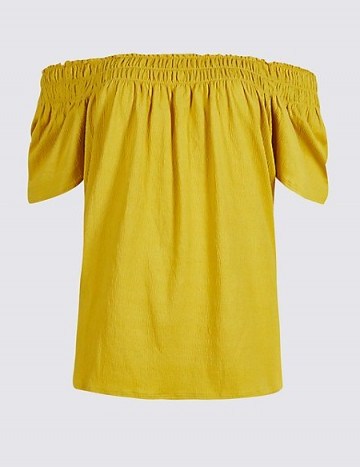 M&S COLLECTION Cotton Rich Short Sleeve Bardot Top / yellow peasant tops - flipped