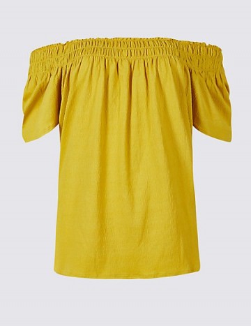 M&S COLLECTION Cotton Rich Short Sleeve Bardot Top / yellow peasant tops