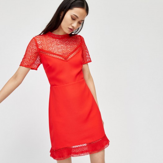 WAREHOUSE CREPE AND LACE MIX DRESS ~ red dresses