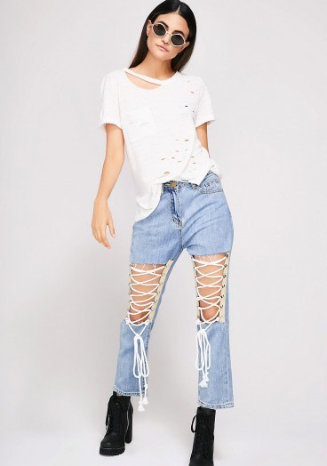 DOLLSKILL LOVE ME KNOT LACE-UP JEANS | cut out denim - flipped