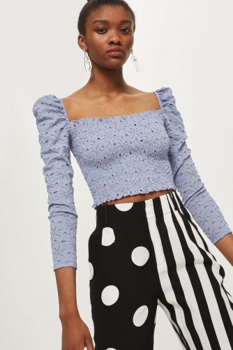 Topshop Daisy Lace Shirred Top | blue smocked tops | puffed sleeves - flipped