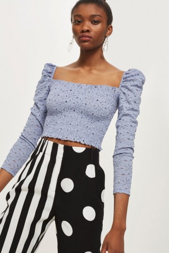 Topshop Daisy Lace Shirred Top | blue smocked tops | puffed sleeves