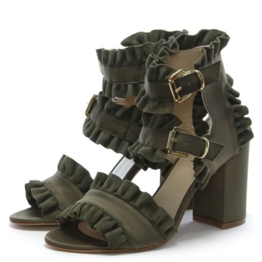 DANIEL Amack Khaki Satin Ruffle Strap Sandals – green frill trimmed shoes - flipped