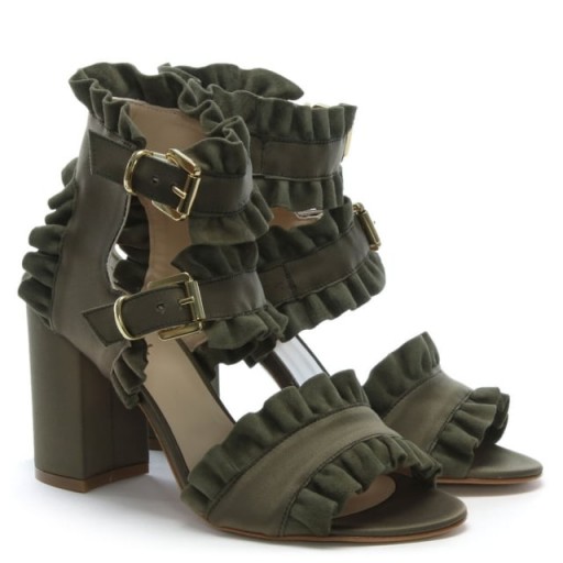DANIEL Amack Khaki Satin Ruffle Strap Sandals – green frill trimmed shoes
