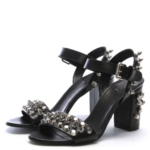 DANIEL Studsand Black Leather Block Heel Sandals – stud embellished shoes - flipped