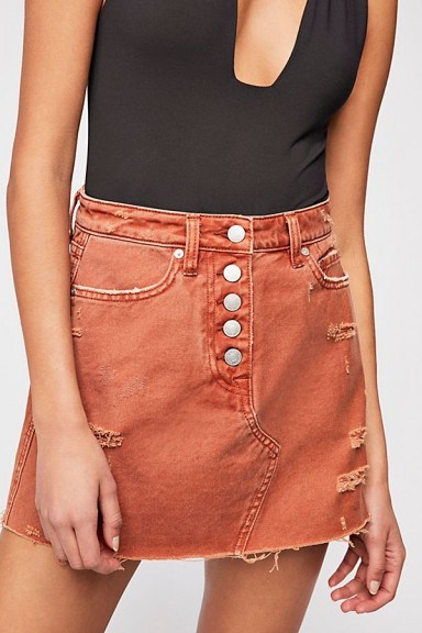 We The Free Denim A-Line Skirt in Rust | distressed mini skirts - flipped