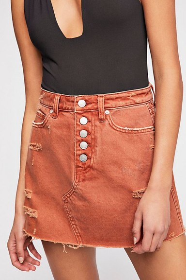 We The Free Denim A-Line Skirt in Rust | distressed mini skirts