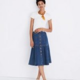Madewell denim bayview tiered midi skirt | blue button front skirts