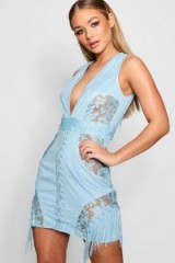 boohoo Di Lace Up Suedette Fringed Bodycon Dress – fitted pale blue going out dresses