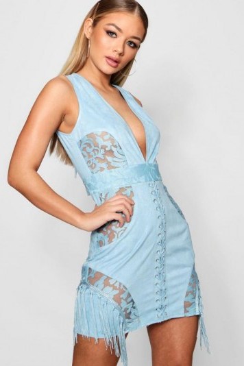 boohoo Di Lace Up Suedette Fringed Bodycon Dress – fitted pale blue going out dresses - flipped
