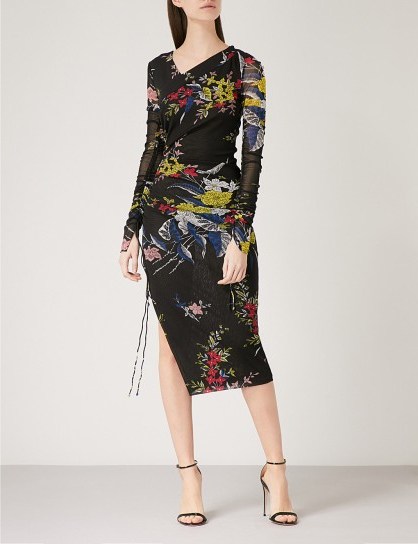 DIANE VON FURSTENBERG Black Floral-print stretch-silk mesh dress ~ side ruched dresses - flipped