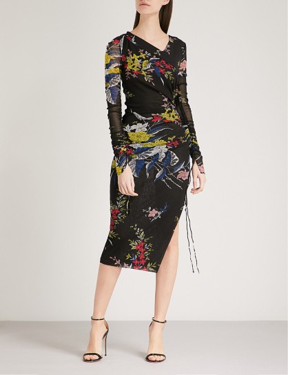 DIANE VON FURSTENBERG Black Floral-print stretch-silk mesh dress ~ side ruched dresses