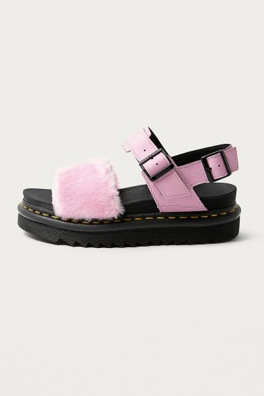 Dr. Martens Voss Pink Fluffy Sandals | fur flats - flipped
