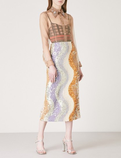 DRIES VAN NOTEN Shine sequinned silk midi skirt in lilac – wave patterned sequin skirts – luxe fashion - flipped