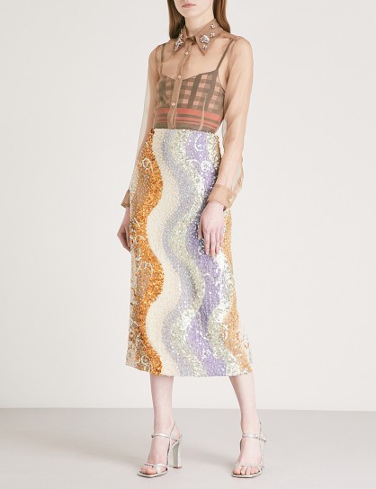 DRIES VAN NOTEN Shine sequinned silk midi skirt in lilac – wave patterned sequin skirts – luxe fashion