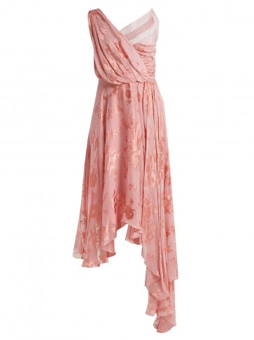 PREEN BY THORNTON BREGAZZI Eleonora pink lace-insert floral-devoré dress ~ asymmetric burn out dresses ~ feminine event wear