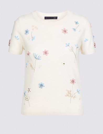 M&S COLLECTION Embellished Round Neck Short Sleeve Jumper / pretty jewelled jumpers - flipped