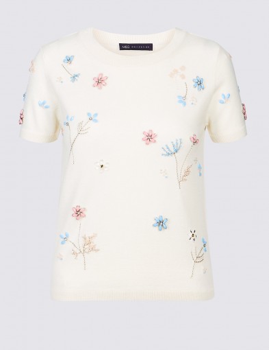 M&S COLLECTION Embellished Round Neck Short Sleeve Jumper / pretty jewelled jumpers