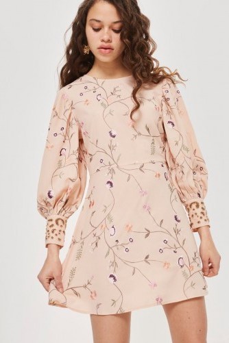 Topshop Embroidered Trailing Floral Skater Dress | rose-pink open-back party dresses - flipped