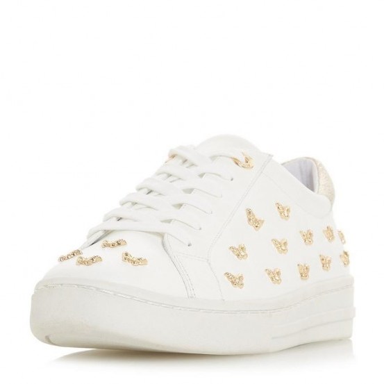 DUNE Emillie – White Butterfly Adorned Trainer | sports luxe shoes - flipped