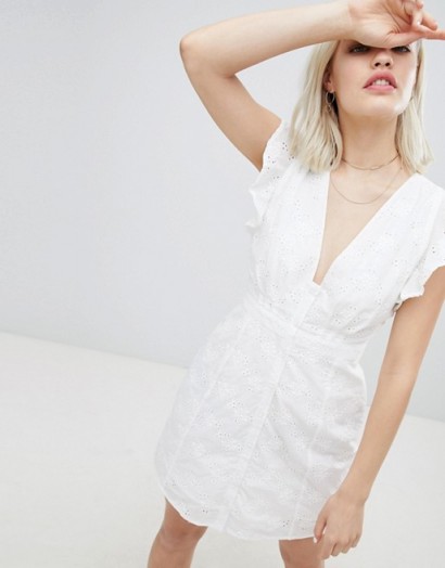Emory Park Ruffle Shoulder Tea Dress In Broderie Anglaise | white plunge front summer dresses
