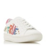 DUNE Envvy White Slogan Embroidered Diamante Detail Trainer | sports luxe sneakers