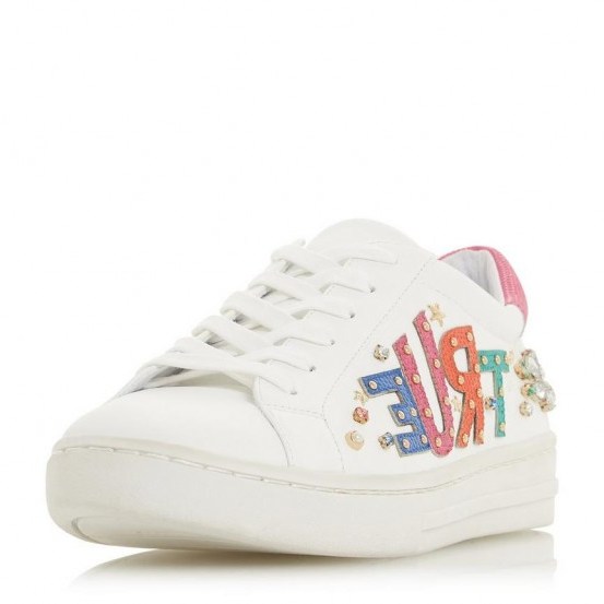 DUNE Envvy White Slogan Embroidered Diamante Detail Trainer | sports luxe sneakers - flipped