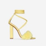 EGO Estelle Lace Up Faux Fur Block Heel In Yellow Faux Suede – strappy fluffy heels