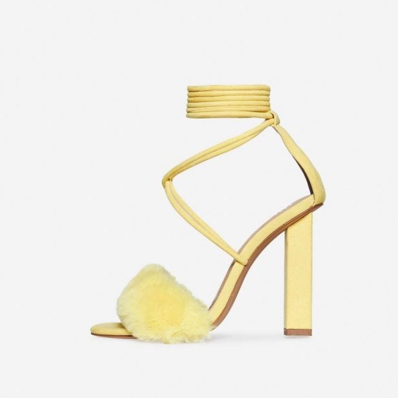 EGO Estelle Lace Up Faux Fur Block Heel In Yellow Faux Suede – strappy fluffy heels - flipped
