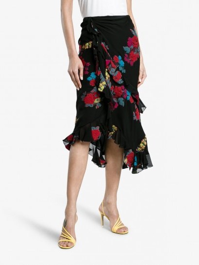 Etro Floral Embroidered Midi Wrap Asymmetric Skirt ~ black ruffle skirts - flipped