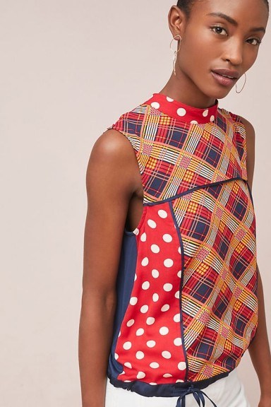 Tiny Evelyn Mock Neck Top | red mixed print sleeveless tops - flipped