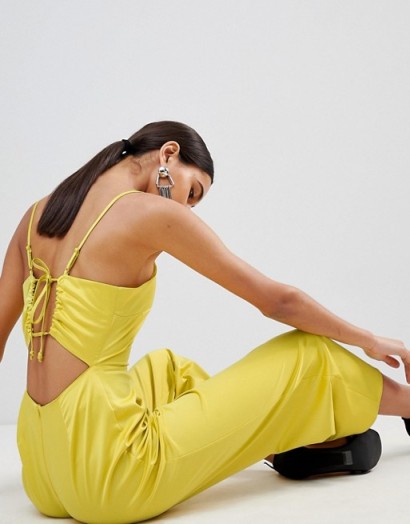 Fashion Union Cami Jumpsuit With Tie Back In Satin in Chartreuse