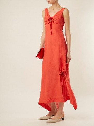 PREEN BY THORNTON BREGAZZI Felicity drawstring-detailed linen dress ~ red vacation dresses - flipped
