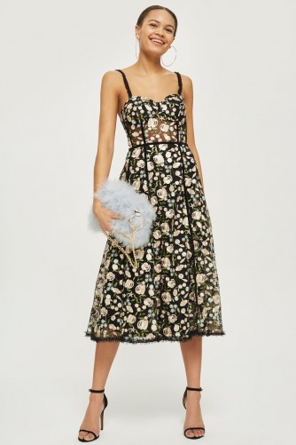 Topshop Floral Corset Midi Dress | strappy fit and flare party dresses