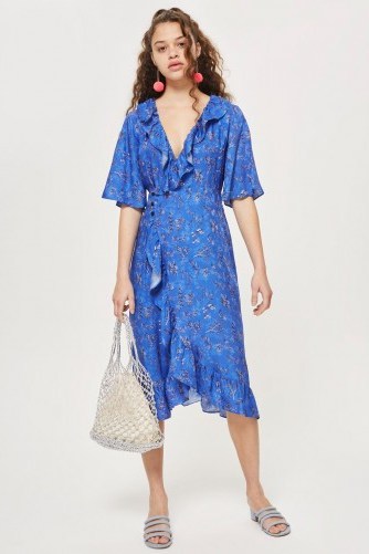 Topshop Floral Jacquard Midi Wrap Dress | blue ruffle trim dresses | spring fashion - flipped