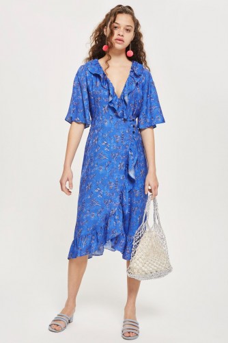 Topshop Floral Jacquard Midi Wrap Dress | blue ruffle trim dresses | spring fashion