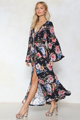 NASTY GAL Floral Ladde Trim Maxi Dress – printed wide sleeve dresses – boho style