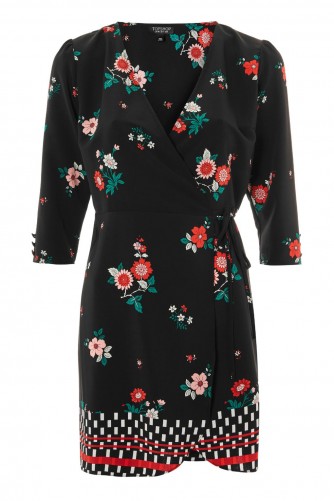 TOPSHOP Floral Mini Wrap Dress / black flower print dresses