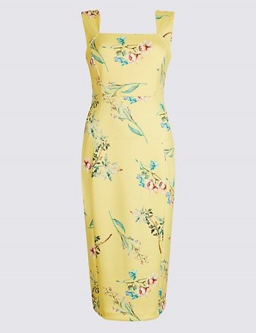 M&S COLLECTION Floral Print Square Neck Bodycon Midi Dress / yellow square neck pencil dresses / spring colours - flipped