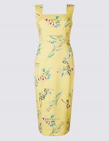 M&S COLLECTION Floral Print Square Neck Bodycon Midi Dress / yellow square neck pencil dresses / spring colours