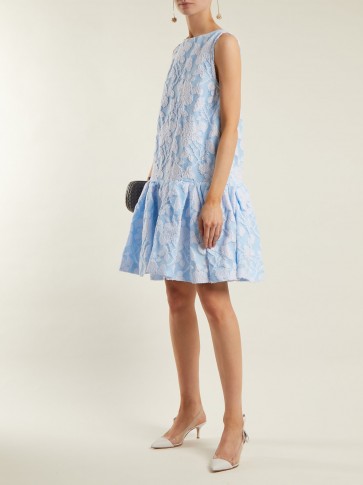 ROCHAS Floral-jacquard cotton-blend dress ~ blue drop-waist ruffle-hem dresses