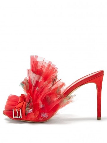ALEXANDER MCQUEEN Floral-print pleated organza mules ~ red ruffled heels - flipped
